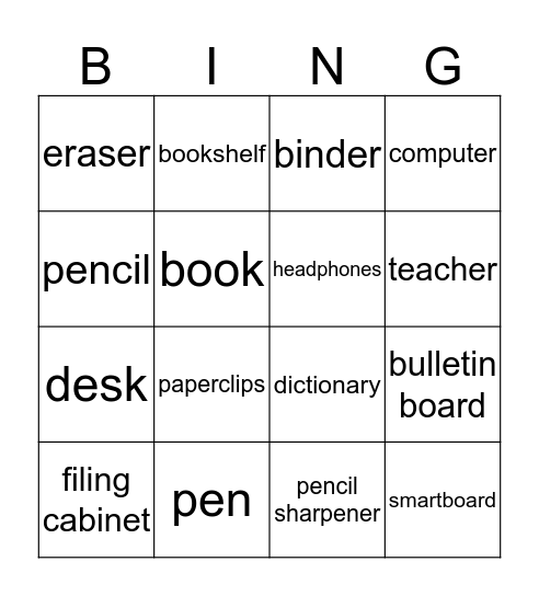 School Supplies Bingo Card