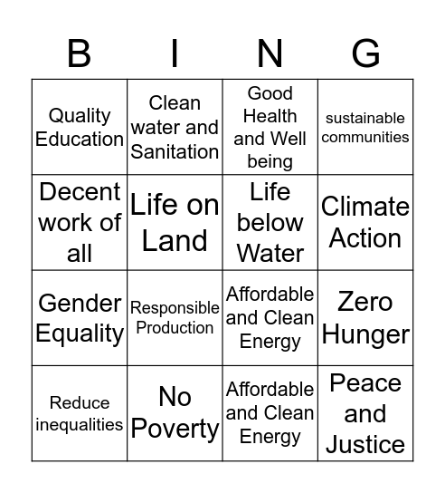 Sustainable Development Goals UN Bingo Card