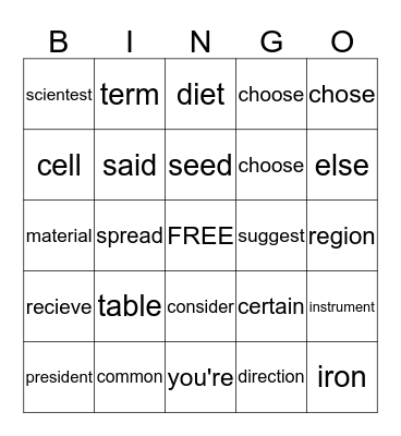 STAR WORDS Bingo Card