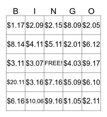 Money up to .19 Bingo Card