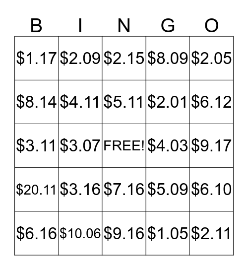 Money up to .19 Bingo Card
