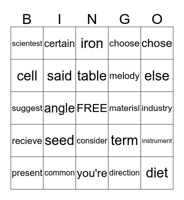 STAR WORDS Bingo Card