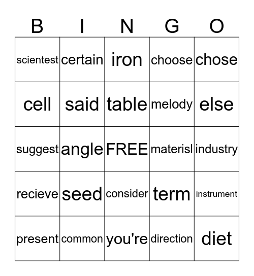 STAR WORDS Bingo Card