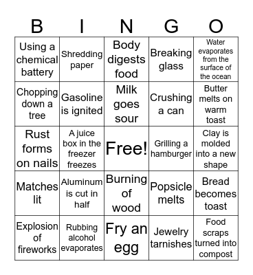 Physical and Chemical Change Bingo Card