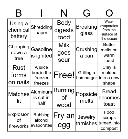 Physical and Chemical Change Bingo Card