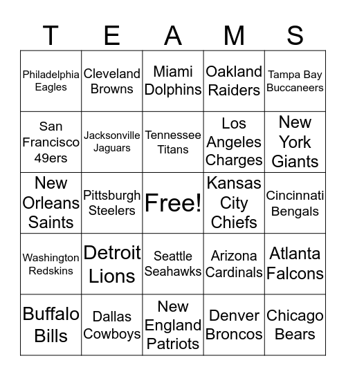 NFL Football  Bingo Card