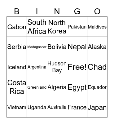 Longitude and Latitude Bingo Card