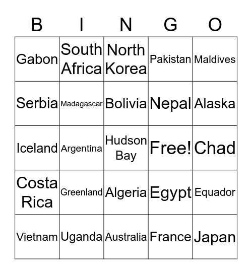 Longitude and Latitude Bingo Card