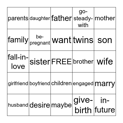 unit 4: talking about family Bingo Card