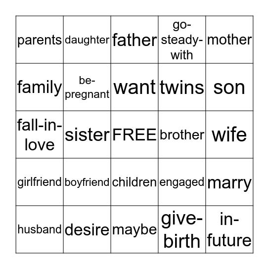 unit 4: talking about family Bingo Card