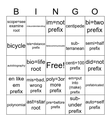Prefixes and Roots 1 Bingo Card