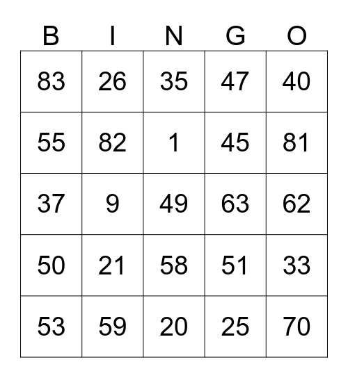 Bingo rekenen Bingo Card