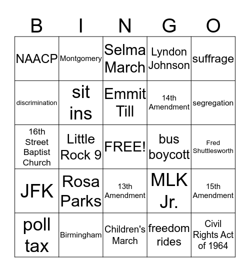 The Civil Rights Movement Bingo Card