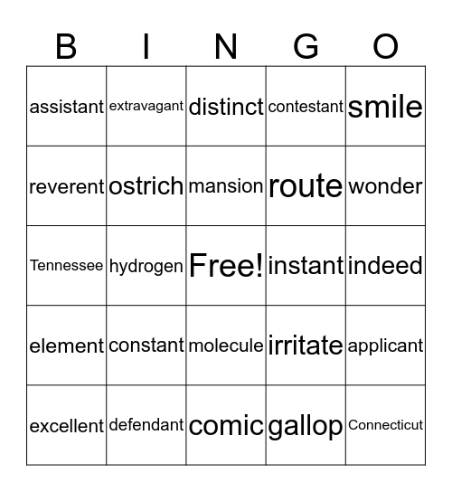 Vocabulary BINGO Card