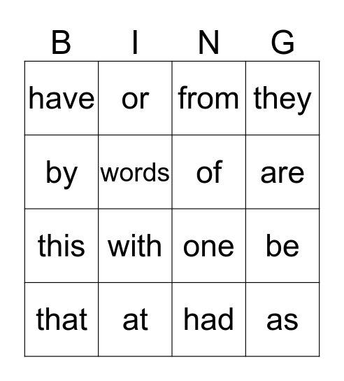 Sight Word Bingo Card