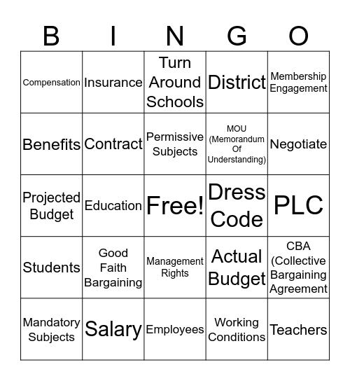 ABCE Bargaining Bingo Card