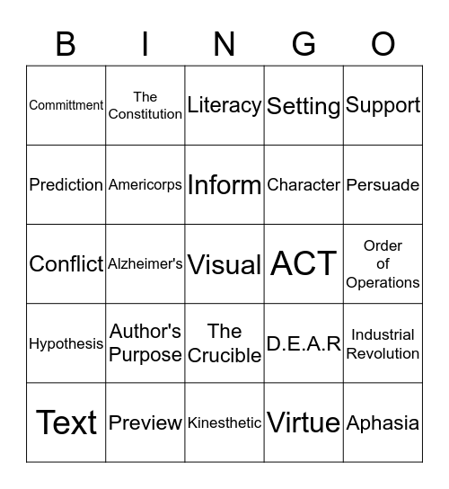 Academic Vocabulary Bingo Game #1 Bingo Card