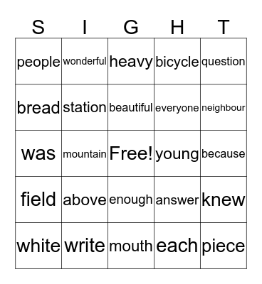 Sight Word Bingo  Bingo Card