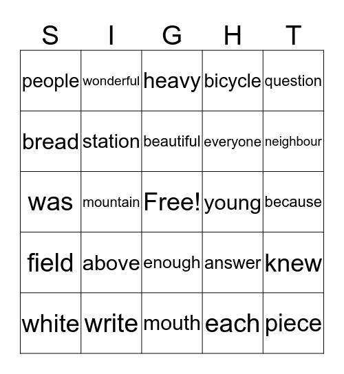 Sight Word Bingo  Bingo Card