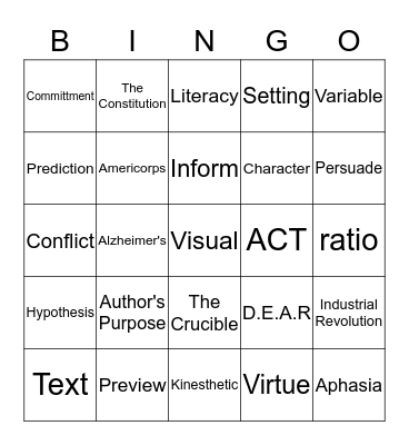 Academic Vocabulary Bingo Game #1 Bingo Card