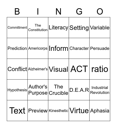 Academic Vocabulary Bingo Game #1 Bingo Card