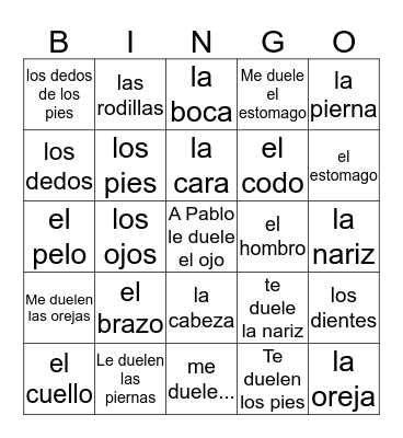 cuerpo 4to grado Bingo Card