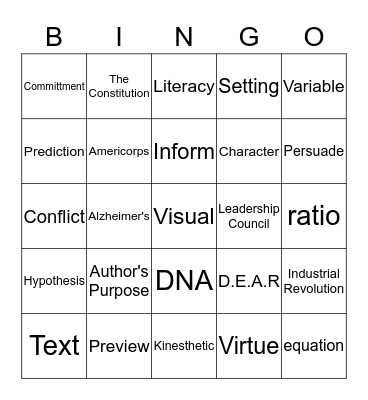 Academic Vocabulary Bingo Game #1 Bingo Card