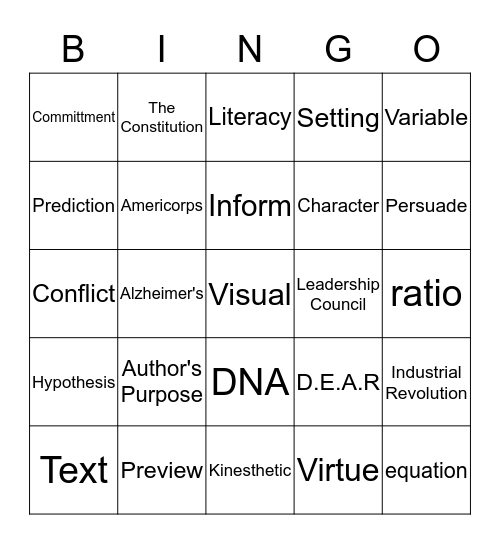 Academic Vocabulary Bingo Game #1 Bingo Card