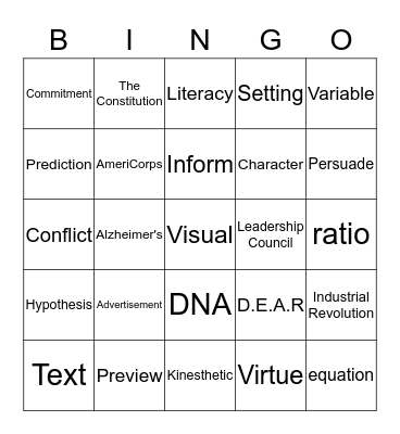 Academic Vocabulary Bingo Game #1 Bingo Card