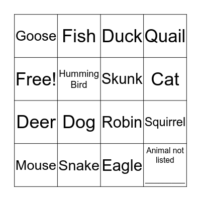 Animal Bingo Card