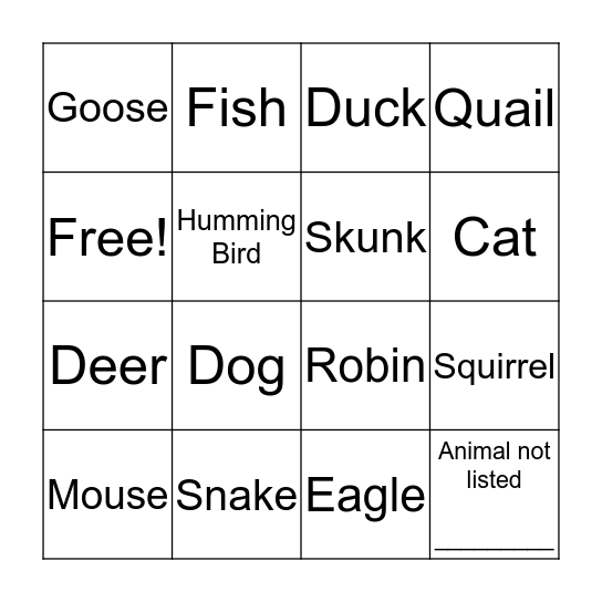 Animal Bingo Card