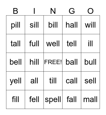vowels with double LL's  Bingo Card