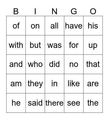 SIGHT WORDS Bingo Card