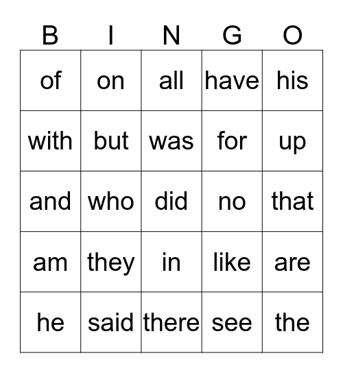 SIGHT WORDS Bingo Card