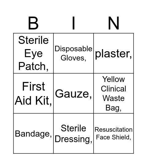 First Aid kit Bingo Card