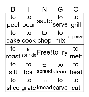 Cooking Verbs  Bingo Card