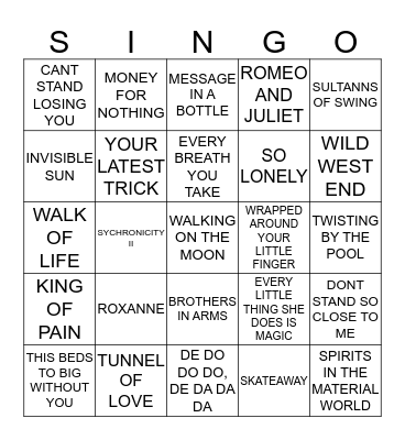 257 POLICE VS DIRE STRAITS Bingo Card