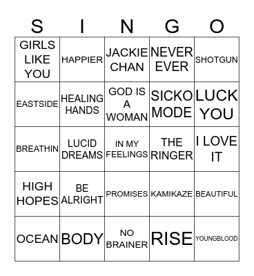 258 ARIA CHARTS TOP 50 SEPT 18 #1 Bingo Card