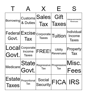 Tax Bingo Card