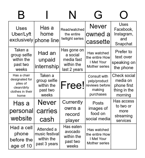 Millennial Bingo! Bingo Card