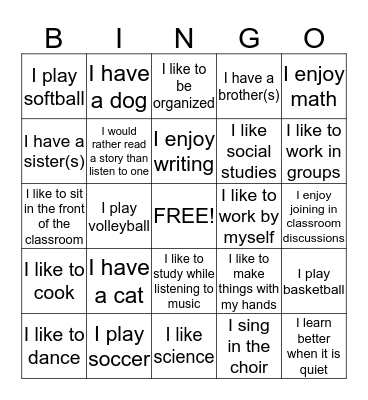 Getting to Know Me & My Style Bingo Card