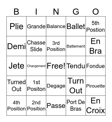 Ballet Bingo Card