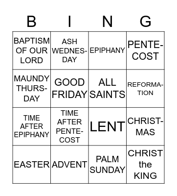 Liturgical Seasons Bingo Card