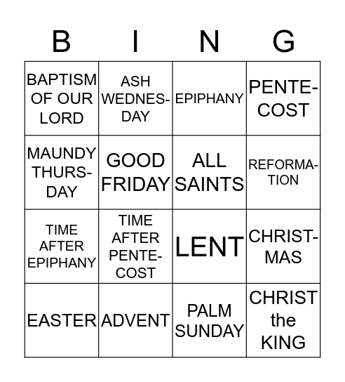 Liturgical Seasons Bingo Card