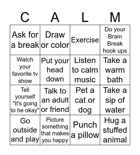 Calm Down Strategies Bingo Card