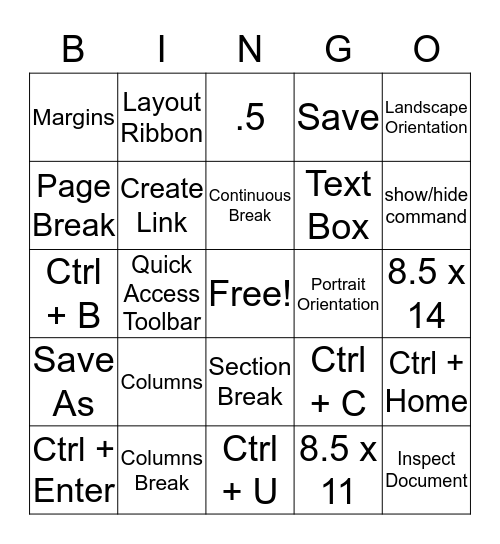 1.05 Word 2016 Vocabulary Review Bingo Card