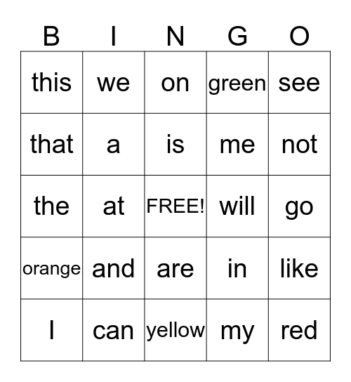 Sight Word Bingo Card