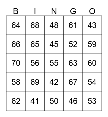 Los numeros del 41-70 Bingo Card