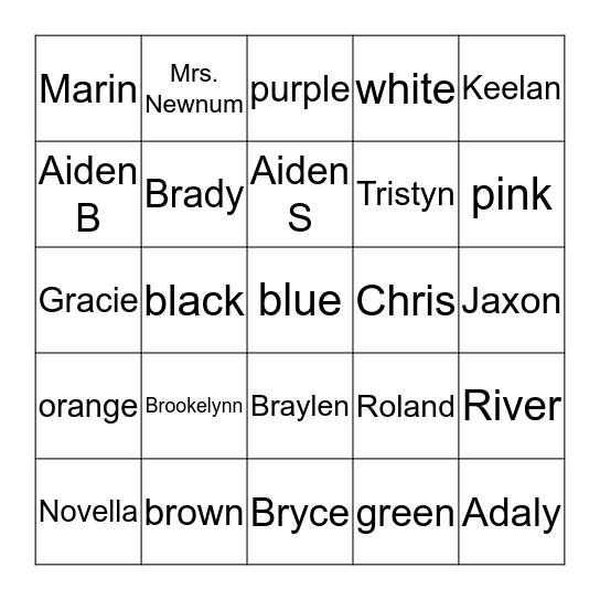 KINDERGARTEN FALL 2018-19 Bingo Card