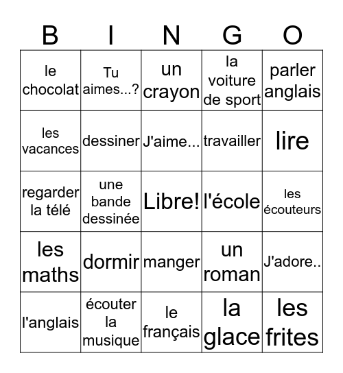 French 1 Bien Dit Chapitre 2 Vocab. 1 Bingo Card